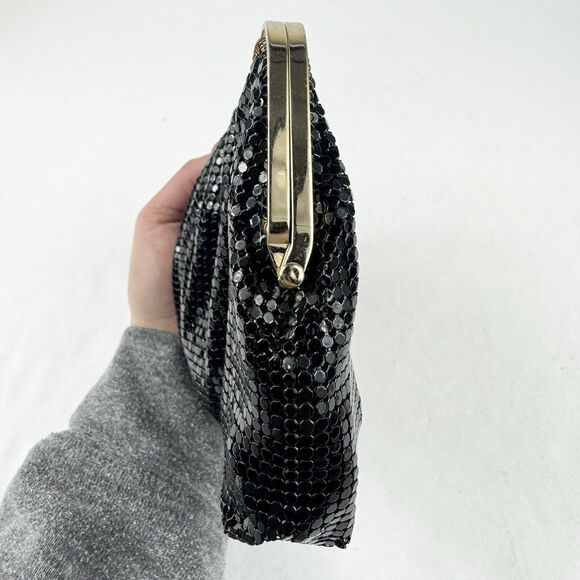 VTG Whiting & Davis Clutch Purse Black Metal Mesh Beaded Closure Chain Strap USA - Picture 12 of 15